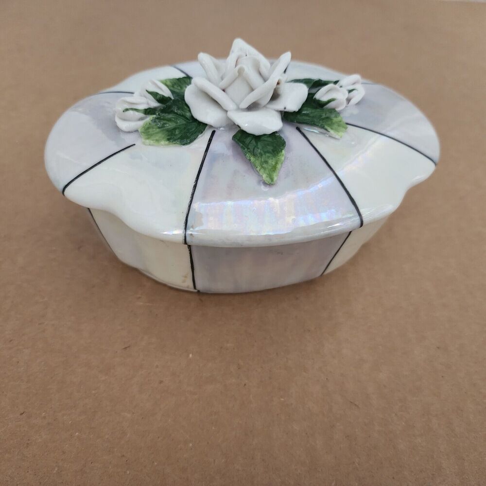Vintage 1945 Porcelain de France Lusterware Trinket Box &Lid Gray Embossed Roses